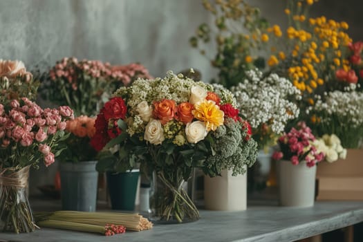 A vibrant florist shop displays a variety of fresh flowers, including roses and daisies, in pots and bouquets, all arranged beautifully on a table under natural light.