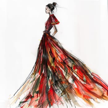A graceful model is adorned in a flowing, colorful gown, showcasing intricate designs and shades of red and orange, perfect for a fashion event.