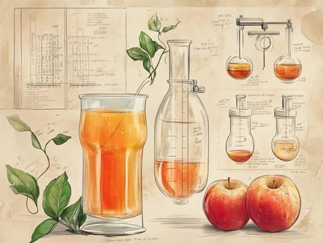 A colorful illustration showcases a glass of juice alongside laboratory glassware and ripe apples, emphasizing the blending of science with fresh ingredients in a creative way.