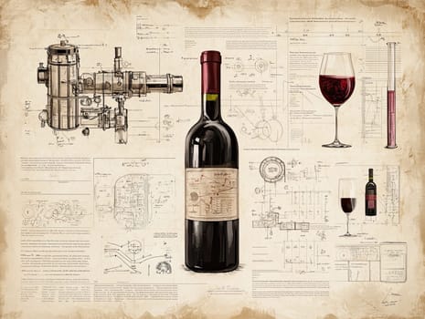 This infographic highlights the winemaking process, featuring intricate illustrations of equipment and a bottle of red wine, paired with a glass, all against a textured background.