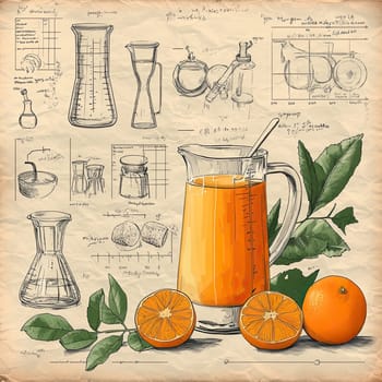 The infographic showcases juice extraction methods with a pitcher of orange juice, fresh oranges, and detailed sketches of equipment on a textured background.