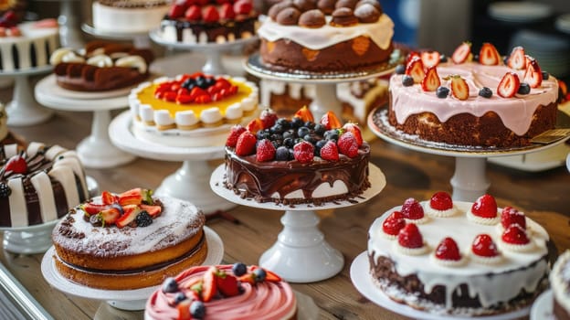 An inviting selection of beautifully decorated cakes sits on white pedestals at a local bakery, showcasing vibrant fruits and decadent frosting under natural sunlight.