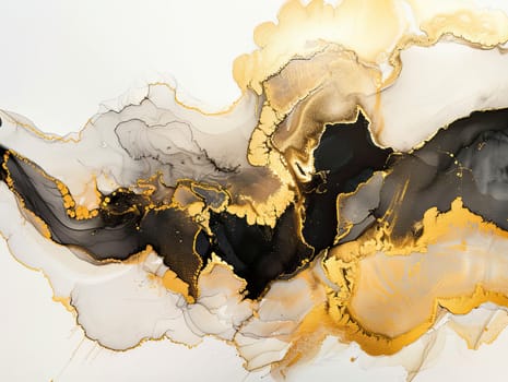 Stunning abstract composition showcases flowing shapes in black, gold, and gray, creating a sophisticated visual on a bright background. The textures invite exploration and appreciation.