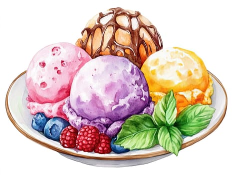 This dessert features three vibrant scoops of ice cream in flavors like purple, pink, and yellow, accompanied by fresh berries and mint leaves, perfect for a refreshing treat.