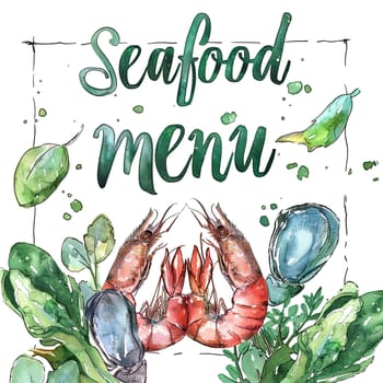 This artistic representation showcases a seafood menu with vibrant shrimp and mussels surrounded by an assortment of fresh greens, creating an appealing culinary display.