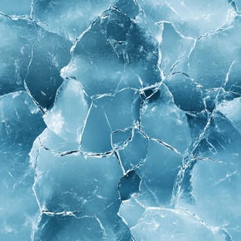 The cracked ice surface showcases a mosaic of pale blue and clear fragments, reflecting light beautifully and evoking a cold, wintry atmosphere.