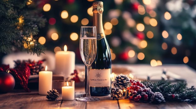 A beautifully set table displays a bottle of sparkling wine beside a glass, surrounded by candles and festive decorations, creating a warm holiday atmosphere.