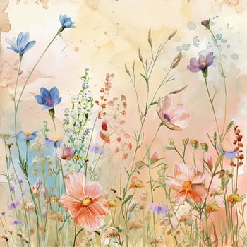 A lively display of wildflowers in various colors flourishes in a meadow, reflecting the beauty of spring under a bright blue sky, creating a serene atmosphere.