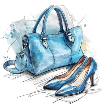 A fashionable blue handbag rests next to a pair of elegant high heels, illustrated with vibrant colors and sketch-like details that highlight their charm.