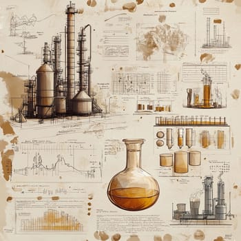 A detailed infographic presents various chemical equipment and processes essential for industrial distillation, featuring diagrams, sketches, and data analysis.