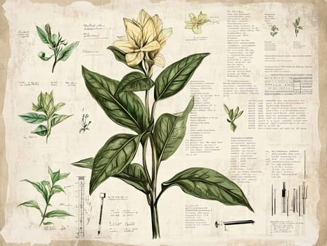 A detailed botanical illustration showcases a flowering plant beside various sketches and notes, emphasizing the beauty and intricacies of natural science.
