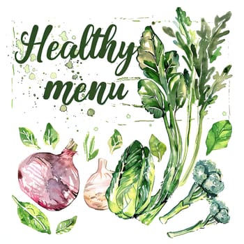 This artwork showcases a collection of fresh vegetables like broccoli, spinach, and onions, all beautifully arranged, promoting a healthy, green lifestyle.