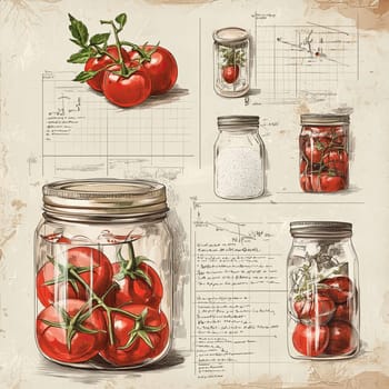 This infographic provides a comprehensive guide on canning tomatoes, showcasing jars filled with ripe tomatoes, measurements, and preparation notes in an organized layout.