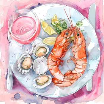 This colorful seafood platter showcases succulent shrimp and fresh oysters arranged on a plate, complemented by a pink drink and lemon slices for zest.