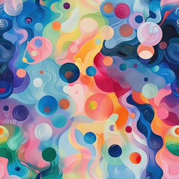 This abstract composition showcases a rich blend of colors, swirling forms, and circular shapes that evoke a lively and energetic atmosphere, inviting viewers to explore its depth.