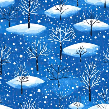 A tranquil winter scene features snow-laden hills and trees against a vivid blue backdrop, capturing the essence of a cold season filled with stillness.