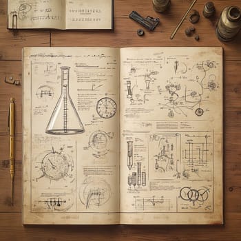 An open book revealing intricate scientific sketches, including diagrams of instruments and experiments, accompanied by vintage lab tools on a wooden table.