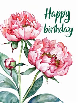 Two vibrant pink peonies bloom alongside a handwritten birthday message, creating a joyful and artistic celebration perfect for any birthday occasion.