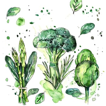 A colorful arrangement of fresh broccoli, spinach, and asparagus illustrated in watercolor style, showcasing their textures and vivid greens against a splattered background.