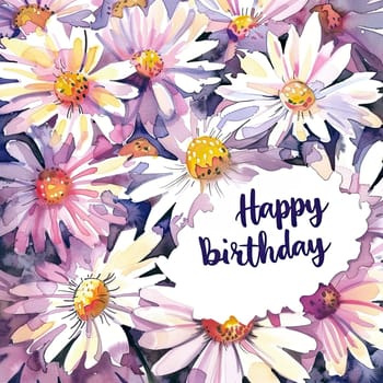 A vibrant watercolor illustration features assorted daisies with a cheerful birthday message, ideal for cards and festive decorations during celebrations.