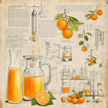 This infographic showcases the steps involved in producing orange juice, featuring diagrams, ingredients, and illustrations of oranges and juice containers for clarity.