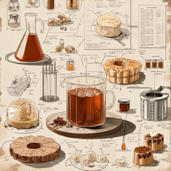 This infographic menu showcases a variety of beverage preparations and dessert recipes, including detailed illustrations, measurements, and instructions for each item.