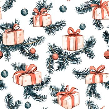 Colorful Christmas gifts adorned with bows and ornaments are scattered among pine branches, creating a vibrant and festive holiday pattern perfect for seasonal decor.