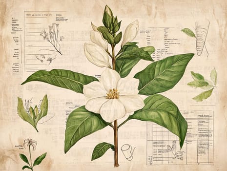This artwork showcases a magnolia plant with its striking white flowers and lush green leaves, accompanied by scientific annotations and sketches on aged paper.
