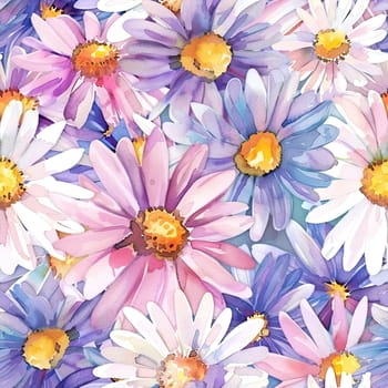 A vibrant arrangement of watercolor flowers features an array of daisies in shades of white, pink, and purple. The blossoms create a cheerful and fresh atmosphere.