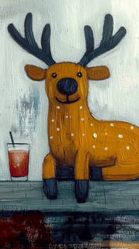 Funny deer is sitting at the bar and drinking an orange cocktail through a straw. The artwork is made with oil paints on canvas