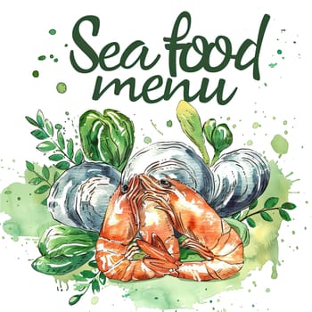 A vibrant seafood menu illustration showcases a shrimp prominently in front of clams and leafy greens, all rendered in a colorful watercolor style.