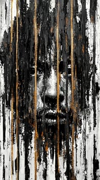 Abstract oil painting depicting a man trapped behind golden bars, conveying themes of confinement, societal barriers, and the search for freedom