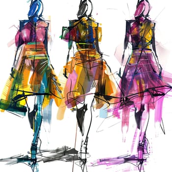 Three models showcase colorful, artistic dresses while walking confidently. The vibrant colors and dynamic brushstrokes capture a lively urban fashion atmosphere.