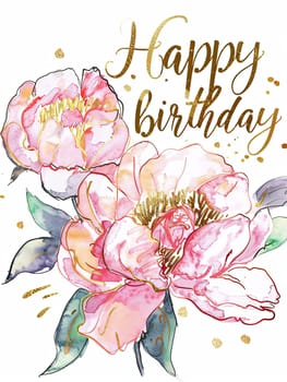 A beautifully designed birthday card showcases vibrant pink peonies with golden accents, conveying warm wishes for a joyful celebration.
