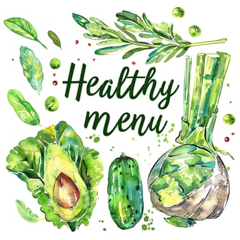 A vibrant illustration features an array of fresh vegetables including avocados and cucumbers, emphasizing a healthy menu filled with nutritious options.