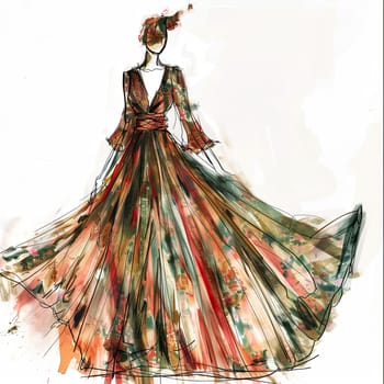 An artistic illustration features a graceful gown with long sleeves and a cinched waist. The dress flows beautifully, adorned with colorful patterns, ideal for formal occasions.