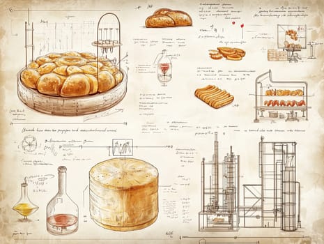 A collection of diagrams and notes illustrates the process of baking various breads and pastries alongside cheese production.