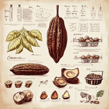 This infographic explains the lifecycle of cocoa beans, featuring detailed illustrations of leaves, pods, and various processing methods, highlighting the steps involved in chocolate production.
