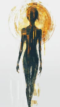 Abstract digital painting of a woman walking with a golden circle behind her head, symbolizing spirituality, enlightenment, and the divine feminine