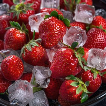 Juicy red strawberries rest on a bed of ice cubes in a bowl, highlighting their freshness and inviting appearance, perfect for hot summer days or desserts.