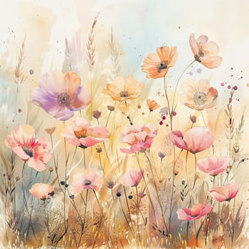 This artwork features a stunning arrangement of wildflowers in various shades, creating a lively atmosphere in a summer meadow during the golden hour.