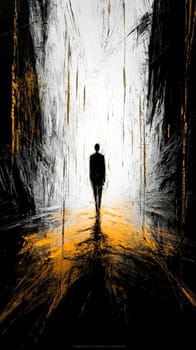 Businessman is walking into a bright light at the end of a dark abstract tunnel, symbolizing hope, opportunity, and the future