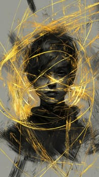 Abstract portrait of a young man with golden glowing lines surrounding his face. Creating a sense of mystery and wonder. The contrast of dark and light colors adds to the overall impact of the image