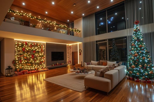 A modern living room is beautifully adorned for the holidays with a large Christmas tree and sparkling lights. Cozy furnishings invite relaxation in this festive evening setting.
