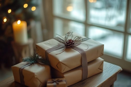 Neatly wrapped gifts in brown paper and adorned with twine and pinecones sit on a wooden table beside a beautiful candle, creating a cozy winter atmosphere.
