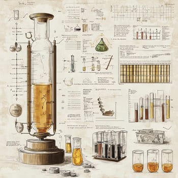 An elaborately detailed laboratory display showcases various glass vessels filled with yellow liquid. Surrounding notes and sketches illustrate scientific methods and measurements.