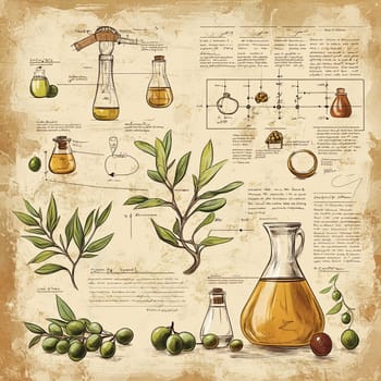 This infographic menu presents a comprehensive overview of olive oil production, featuring detailed illustrations of ingredients, equipment, and stages of the process.