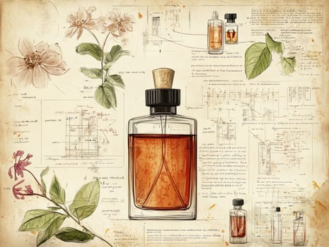 This visual presentation features an artistic depiction of a vintage perfume bottle alongside botanical illustrations and technical schematics, highlighting craftsmanship and design.