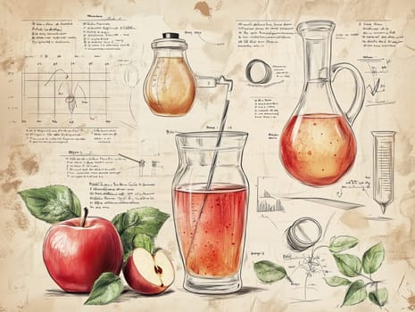 An artistic representation depicts various scientific tools, including a glass beaker filled with apple juice, surrounded by notes and a fresh apple. The background suggests a laboratory setting.