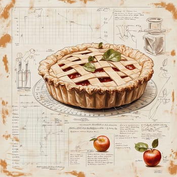 An informative infographic menu features a beautifully baked apple pie, complete with a lattice crust and serving suggestions, alongside cooking tips and diagrams.